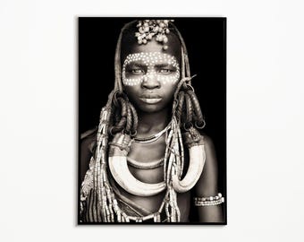 African Tribal Woman Art | Traditional Jewelry Portrait | Black White Face Paint | Digital Download Print
