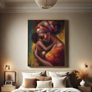 African Mother and Baby, Colorful Oil Art, Printable Family-Themed Wall Decor, Digital Print, Instant Download