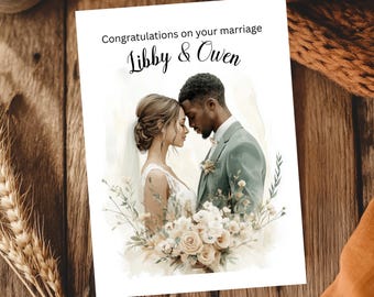 May include: A wedding card with a watercolor illustration of a bride and groom embracing. The card is white with a light brown background and the text "Congratulations on your marriage Libby & Owen".