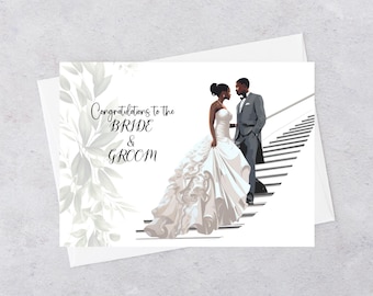 May include: A wedding card with a white background and a couple in formal attire standing on a staircase. The text reads "Congratulations to the Bride & Groom".