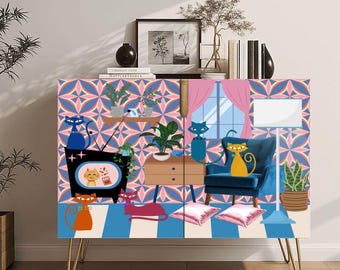 Mid Century Modern Wooden Storage Cabinet – Catitude Living Room Design | Pink Aesthetic | Made in USA