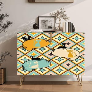 Wooden Storage Cabinet (Made in USA),Atomic Cat Mid-Century Modern Credenza | Wood Cabinet with Pastel Diamonds, Gold U-Shaped Legs | Retro