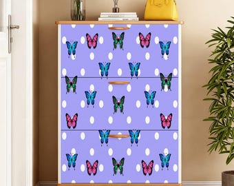Purple Polka Dot Butterfly Shoe Cabinet – 3 Drawer Wooden Shoe Storage Organizer, Entryway Cabinet Made in USA