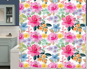 Floral Shower Curtain | Colorful Flower Bathroom Decor | Modern Boho Shower Curtain with Metal Hooks | Vibrant Cheerful Bath Curtain
