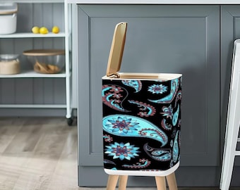 Black Brown Turquoise Paisley Small Trash Can with Lid, Decorative Bedroom Office Garbage Bin, Pop Up Wastebasket, Boho Home Decor