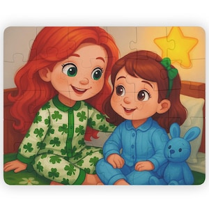 May include: A children's jigsaw puzzle showing two girls in pyjamas. One girl wears green pyjamas with shamrock patterns, and the other wears blue pyjamas and holds a blue stuffed bunny. A yellow star is in the background.