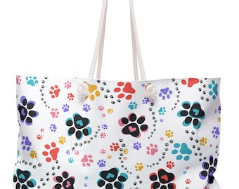 Bolsa de fim de semana colorida com estampa de patas – Bolsa de viagem para amantes de animais de estimação | Bolsa para praia, parque para cães e escapadas, presente para quem ama animais, tênis de cano alto combinando