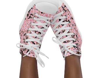 Women’s/Girl's High Tops, Cherry Blossoms Black, Canvas Sneaker, Sporty, Gym, Stylish, Cheerful, Travel Comfort, Cruise, Durable, Japanese