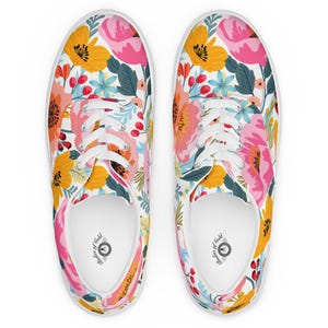 Boho Floral Women’s lace-up canvas shoes, Colorful Flowered Sneakers, Casual Bohemian Low Tops, Festival Walking Shoes, Cheerful Sneakers