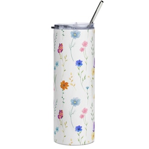 Butterfly and Flower Stainless Steel Tumbler, Drinkware, Gifts For Mom, 20 oz Tumbler, Thin Flowered Tumbler, Butterfly Water Bottle