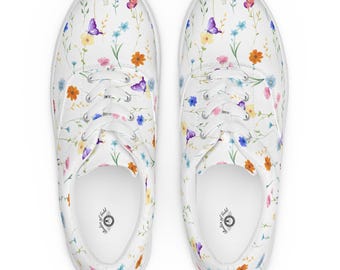 Women’s Flowered lace-up canvas shoes, Butterfly Sneakers, Unique Shoe