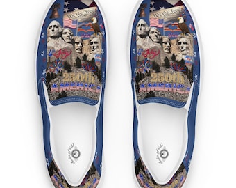 America 250th Celebration Women's Slip-On Shoes | We The People Liberty Mount Rushmore Sneakers | Patriotic 4th of July Canvas Shoes