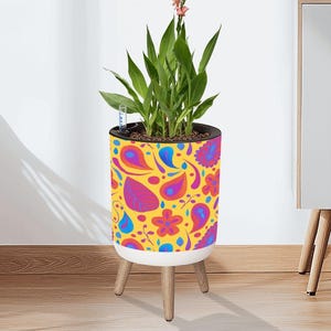 Colorful Floral/Paisley Plant Pot with Wooden Legs – Decorative Planter with Water Level Mark and Inner Bucket