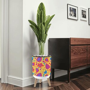 Colorful Floral/Paisley Plant Pot with Wooden Legs – Decorative Planter with Water Level Mark and Inner Bucket