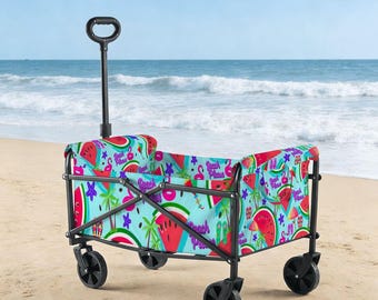 Watermelon and Beach Themed Folding Wagon Cart – Collapsible Utility Wagon with Adjustable Handle, Heavy Duty 140lb Capacity, Made in USA
