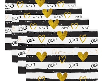 Black and White Stripe with Gold Hearts Placemat Set, Set of 4