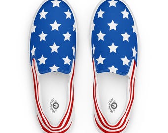 Zapatillas de lona con la bandera roja, blanca y azul para mujer / Zapatos patrióticos sin cordones / Zapatillas casuales de EE. UU. / Calzado del 4 de julio / Bandera estadounidense