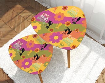70s Retro Cat Side Tables: Boho Flower Power, Set of 2