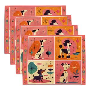 May include: A set of four rectangular placemats featuring a mid-century inspired graphic print of various dog breeds including a poodle and dachshund. The design incorporates starburst motifs, abstract shapes, and a colour palette of pink and orange.