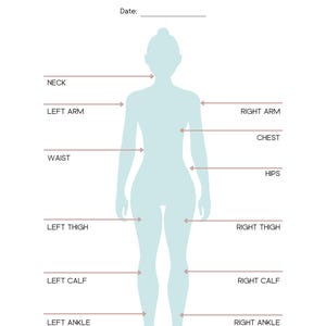 Puede incluir: Un gráfico de medidas corporales con una silueta azul claro de una persona. El gráfico incluye puntos de medición etiquetados como cuello, pecho, cintura, caderas y tobillo. El texto "BODY MEASUREMENTS CHART" está en la parte superior, con una línea "Date:" debajo.