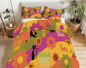 Full Comforter Set with 2 Shams, 70s Retro Flower & Cat : Mid-Century Boho Bedding, Flower Power Wavy Design, Colorful Girls Bedding