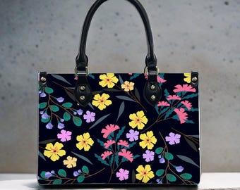 Black Floral Handbag, Crossbody Tote Bag for Women, Faux Leather