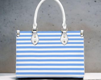 Blue & White Striped Handbag – Classic Purse with Black or White Handles and Crossbody Strap, 3 Sizes, Coastal Chic Tote, Timeless Elegance