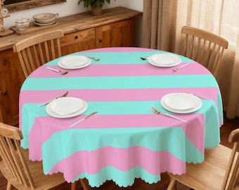 Blue and Pink Striped Round Tablecloth with Wavy Edge 60", Coastal Linens, Beach Decor (Made in USA)