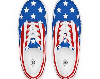 Red White & Blue Flag Canvas Sneakers for Women | Patriotic Lace-Up Shoes | USA Flag Casual Sneakers | 4th of July Footwear | American Flag