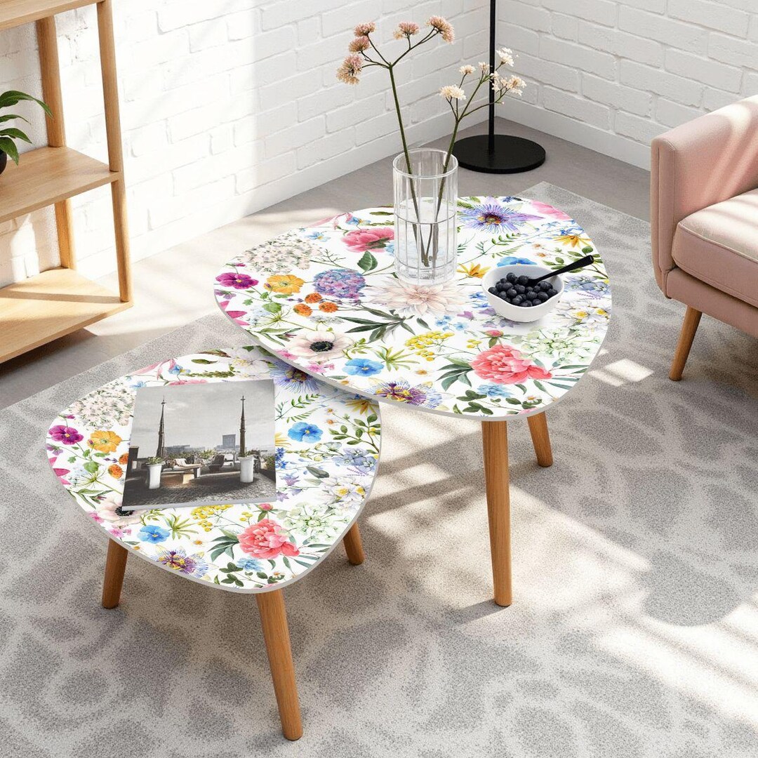 Stackable Floral Elegant Floral Triangular Stackable Tables | Set of Bamboo Leg Accent ...