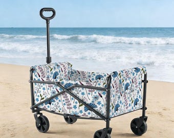 Blue Floral Folding Wagon Cart – Heavy Duty Collapsible Utility Cart with Adjustable Handle, 140lb Capacity, Made in USA