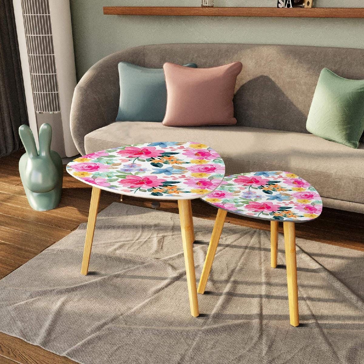 Pink Table With 2 Rows Pink Floral Triangular Stackable Tables | Set of Bamboo Leg Accent ...