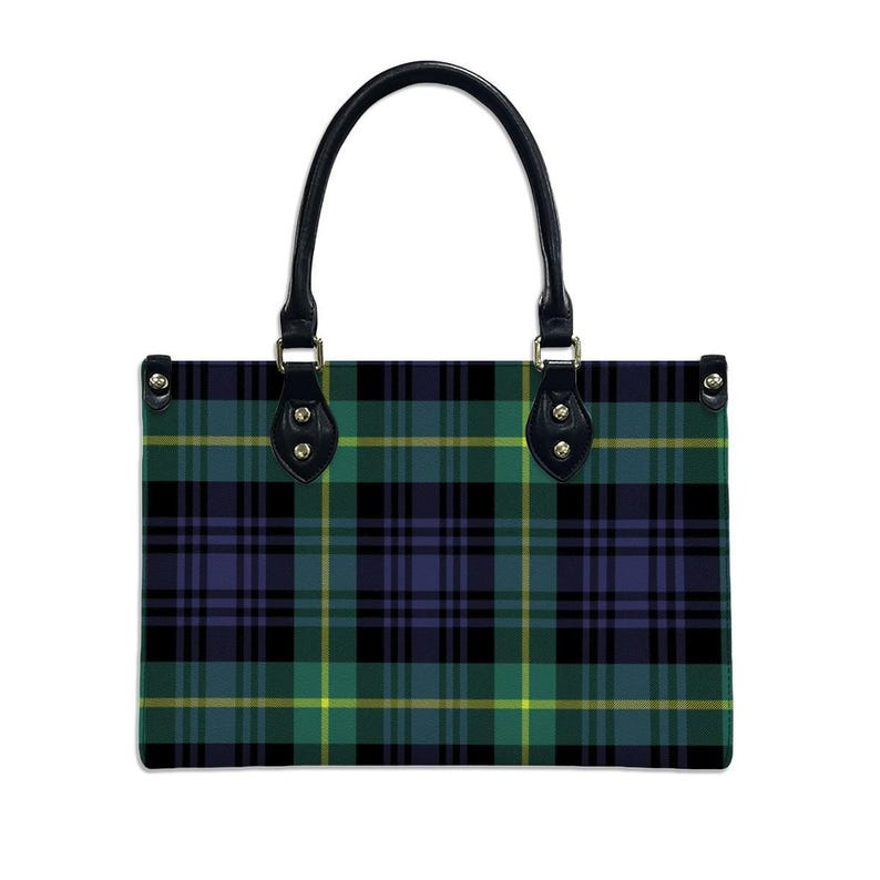 Blue & Green Plaid Handbag – Black Handles, Crossbody Bag Option, Trendy Plaid Tote, Everyday Shoulder Bag, Women’s Fashion Bag, Scottish imagem 1