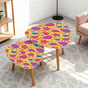 Triangle Coffee Table Set of 2 (Made in USA) Yellow, Pink and Blue Paisley Triangular Stackable Tables | Style Nesting Tables