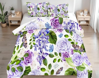 Queen Comforter Set, Purple Floral Butterfly Lightweight Quilt – Soft & Breathable Comfort