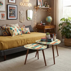Mid-Century Modern Atomic Cat Tables – Set of 2 Stackable Triangular Side Tables, Retro Decor