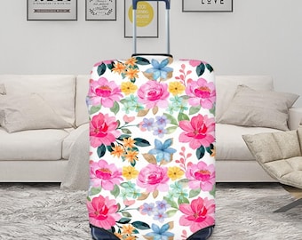 Bright Floral Luggage Cover | Colorful Flower Suitcase Protector | 4 Sizes | Travel Accessory | Gift for Her | Floral Travel Decor | Wedding