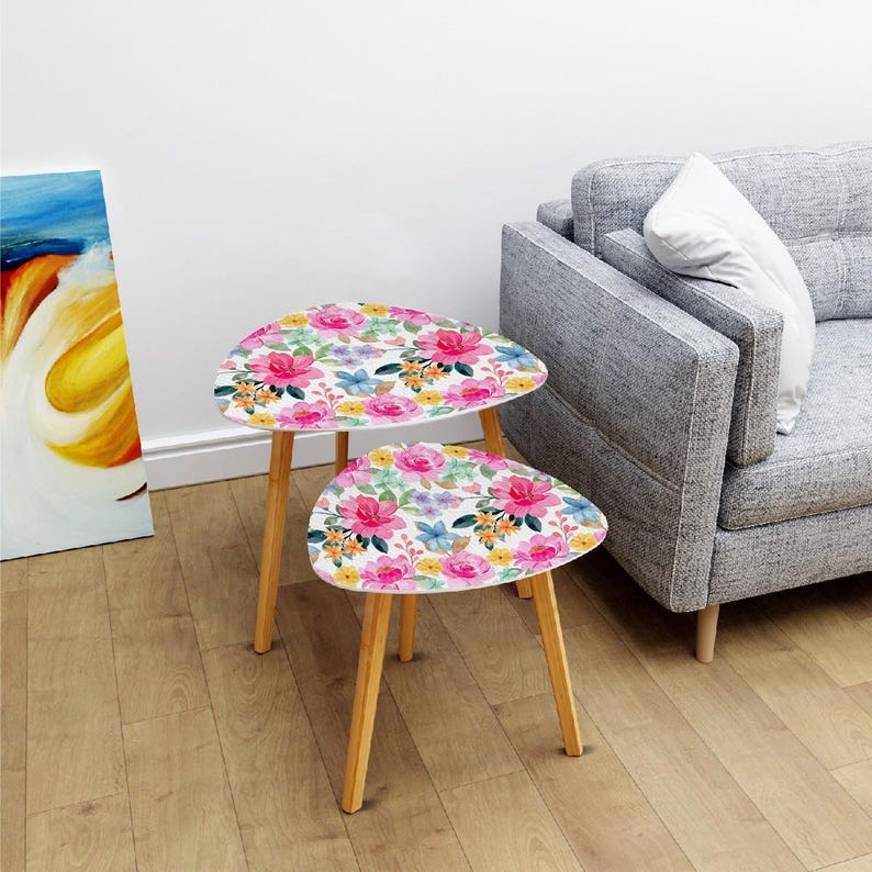 Pink Table Rack Pink Floral Triangular Stackable Tables | Set of Bamboo Leg Accent ...