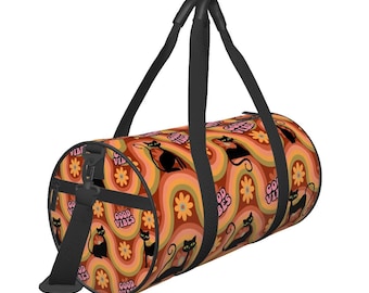 Retro Atomic Cat Cylinder Duffle Bag, Gym Bag, Midcentury Modern Travel Bag, Large Capacity