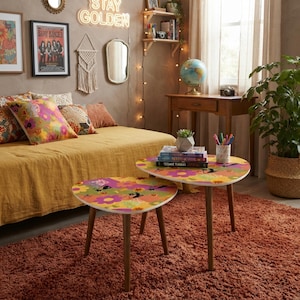 Mid Century Modern Nesting Tables, 70s Retro Atomic Cat Side Tables, Boho Flower Decor