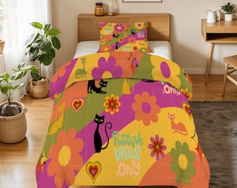 Twin Comforter Set with 1 Sham, Retro 70s Cat : Flower Power Bedding with Sham, Mid Century Modern, Atomic Cat Decor, Colorful Whimsical