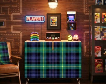 Blue Green Tartan Wooden Storage Cabinet | Made in USA | Plaid Accent Cabinet | Rustic Farmhouse Storage Furniture