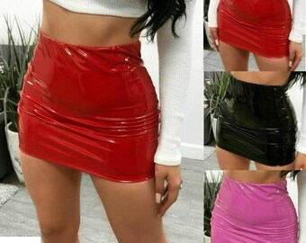 Mini Bodycon Party Skirt Women Ladies High Waist Vinyl PVC Shiny wet Look 8-24