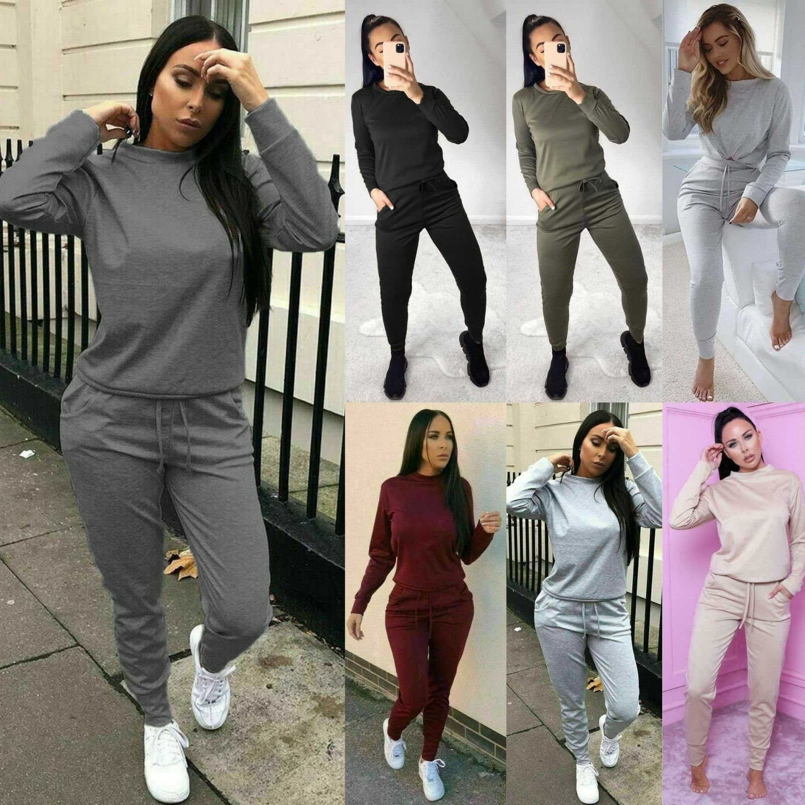Sweat Suits for Women Set Long Sleeve Hooded Sweatshirt and Sweatpants 2 Piece Tracksuit Sets Ripped Pants 