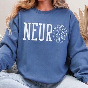 Può includere: Una felpa blu con la parola "NEURO" stampata in bianco e un contorno bianco di un cervello a destra della parola.