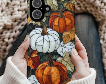 Pumpkins & Gourds Autumn Stained Glass Faux Mosaic Fall Tough Case for Phone, Halloween Cover, Samsung 24 25 iPhone 15 16 14 Pro Max, Orange