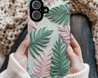 3D Faux Safari Palm Leaves Pink & Lime Green Island Luxe Phone Case Tropical Plant iPhone Samsung S24 Case, Aesthetic Botanical Vacay Mode