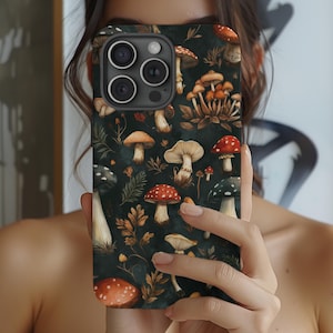 Dark Aesthetic Mushroom Fungi Forest Watercolor iPhone 16 15 14 13 12 Pro Max Case Tough Cases, Pixel Samsung Spore Forestcore Goblincore