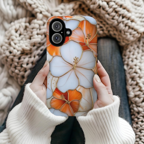 White & Peach Hibiscus Flowers Hawaii iPhone Case Faux Stained Glass Tropical iPhone Samsung S24 Case, Aesthetic Botanical Hawaiian Island
