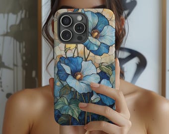 Morning Glory September Birthday Flower Stained Glass Effect iPhone 16 15 14 13 12 Pro Max Case Tough, Cute Phone Cover Bday Gift Samsung